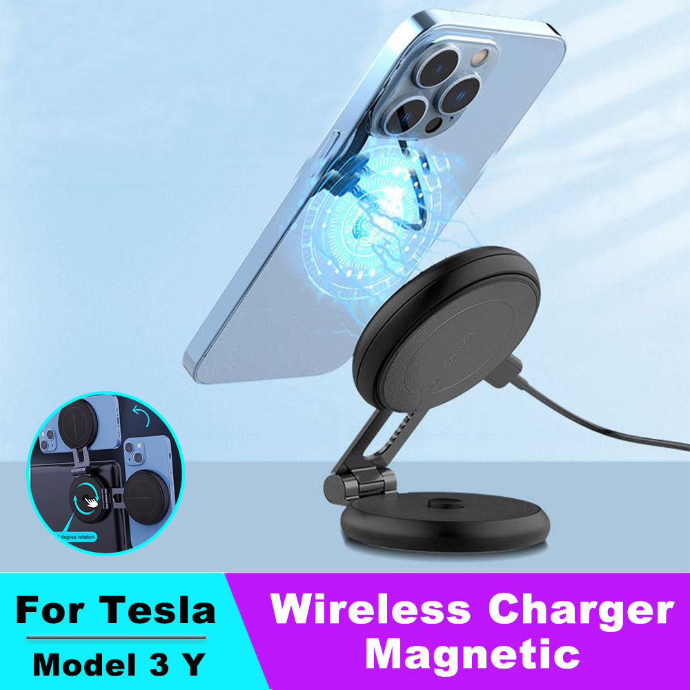 Wireless Car Charger - 隠し磁気自動車電話ホルダー、ワイヤレス充電器、360回転、携帯電話スタンド、iPhone、テスラモデルy3のサポート